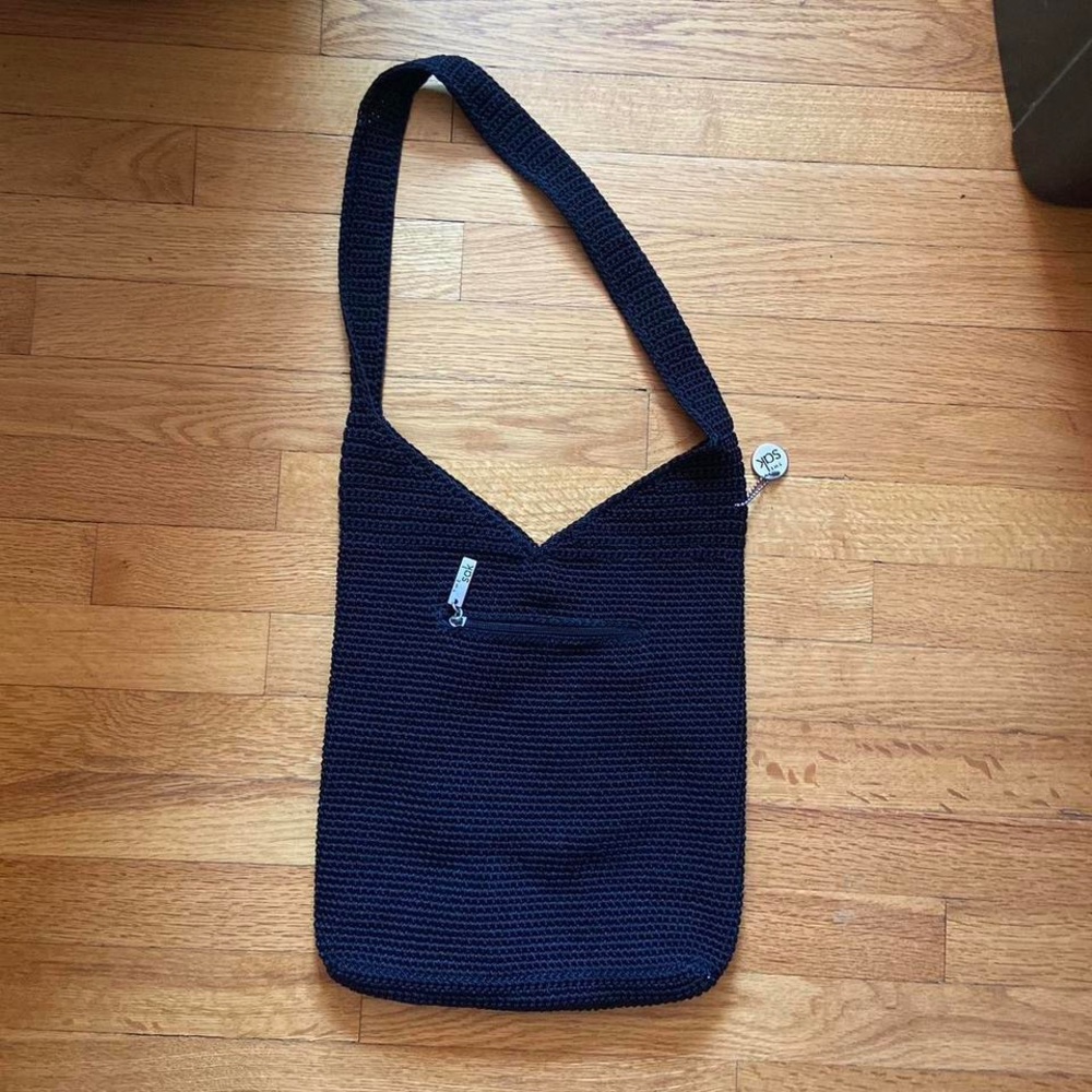 The Sak Black Shoulder Bag with Textured Fabric and Wide Opening